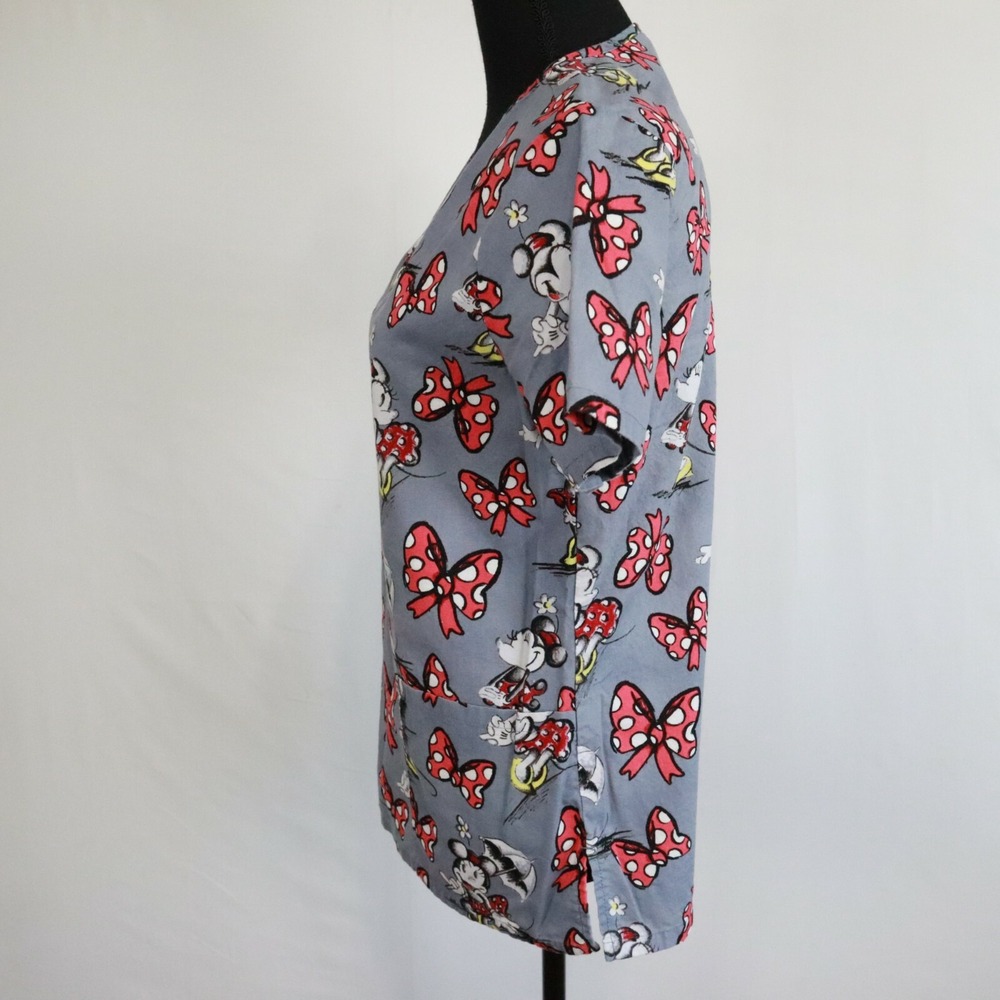 Disney Scrub Top Womens XS Minnie Mouse Medical Uniform V-Neck Gray Short Sleeve - Picture 4 of 8